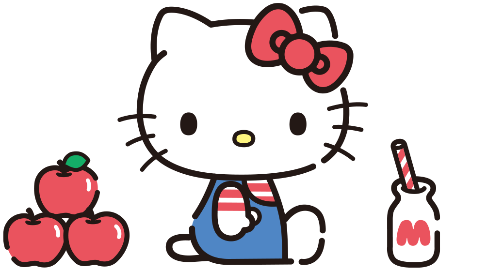 戴着红色蝴蝶结的 Hello Kitty 坐在苹果和牛奶旁